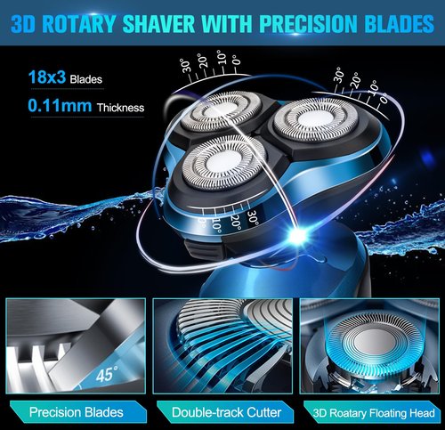 Electric Razor for Men, Cordless 3D Rotary Head Shavers for Men Face, Wet/Dry Waterproof, LED Display, Ideal Gift for Husband/Dad/Boyfriend (Blue)