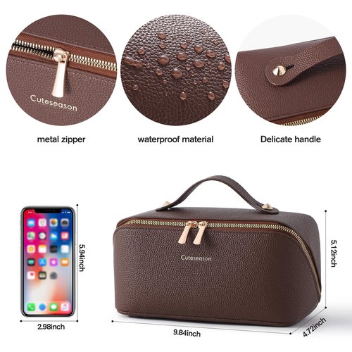 Cuteseason Makeup Bag, Travel Toiletry Bag for Women, Large Capacity Waterproof PU Leather Cosmetic Bags Make Up Organizer Bags with Headband and Wristband Set (Brown, Lychee Pattern)