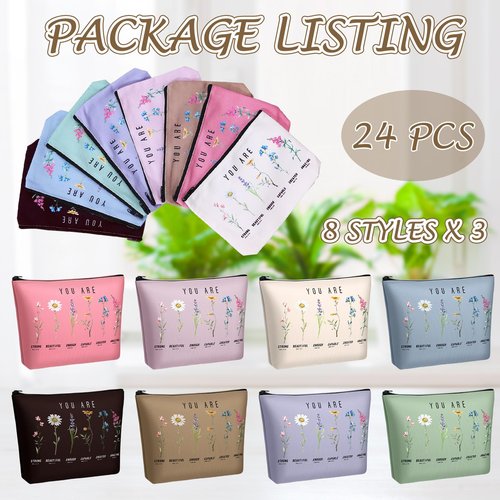 Frienda 24 Pcs God Says You Are Cosmetic Bags for Women Bible Verse Floral Makeup Case Inspirational Religious Bags Affirmations Christian Gifts for Back to School Birthday Holidays(Natural Color)