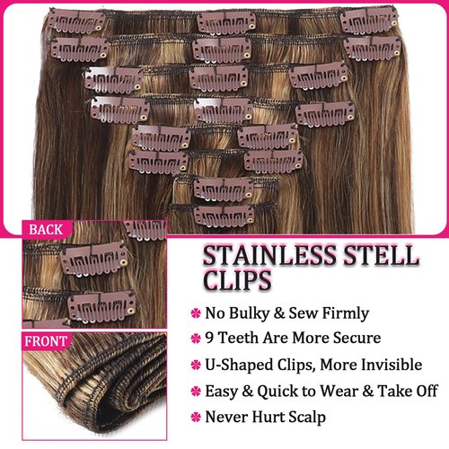 Clip in Hair Extensions Kinky Human Hair 110g Remy Human Hair Clip on Extensions 8pcs 18 Inch Soft Hair for Fashion Women 18Clips/Set Chocolate Brown to Honey Blonde Hair Extensions (#P427)