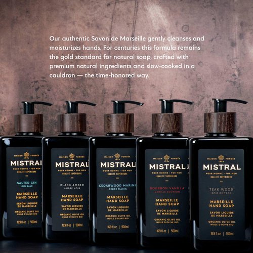 Mistral Bourbon Vanilla Liquid Hand Soap for Men | Luxury Moisturizing Handsoap with Organic Olive Oil, Glycerin and Coconut Oil | Rich Lather | Paraben-Free | Made in France – 16.9 Fl Oz