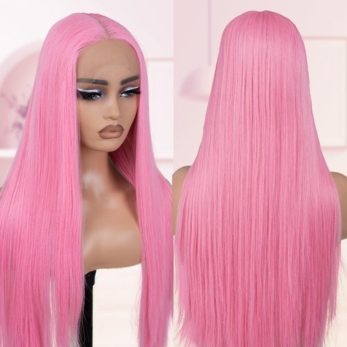BLL Pink Wig Synthetic Lace Front Wig Pre Plucked Straight Glueless Wigs 30 Inch T-Part Lace Cosplay Wigs For Women (Pink, 30 Inch)