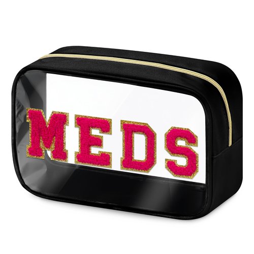 BuyCard Clear Meds Chenille Letter Nylon Makeup Bag - Portable Preppy Patch Cosmetic Toiletry Travel Storage Medicine Bag With Zipper for Women Girls Black