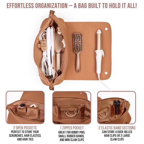 BAREFOOT CARIBOU Hair Tools Travel Bag and Heat Resistant Mat for Flat Irons, Straighteners, Curling Iron, and Haircare Accessories, 2-in-1 design, with Interior Pockets, Portable Organizer (Brown)