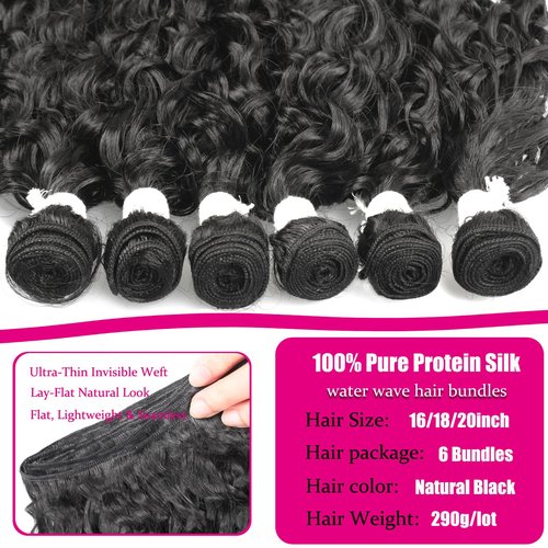 UENOKIPS Water Wave Hair Bundles 100% Pure Protein Silk Curly Bundles 16 18 20 Inch 6 Bundles 290g Soft Natural Look Human Hair Feel Wet and Wavy Hair Extensions Natural Black