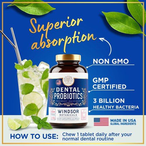 Oral Probiotics for Teeth and Gums - 3BN CFU Lactobacillus Salivarius Acidophilus Rhamnosus Streptococcus - Bad Breath Treatment for Adults - 45 Chewable Mint Dental Probiotic Tablets for Women & Men