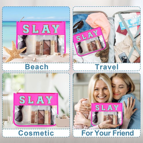 Dealkion Slay Makeup Bag Slay Purse Slay Stuff Toiletry Zipper Pouch Chenille Letter Clear Zipper Pouch Slay Skincare Travel Pouch for Women Girl Gifts