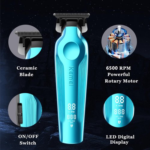 KEMEI Hair Trimmer and Foil Shaver for Men, Cordless Hair Clippers Beard Trimmer with T Blade, Waterproof Razor Shaver, Rechargeable Barber Clippers with LED Display, KM-264 Blue, KM-2024