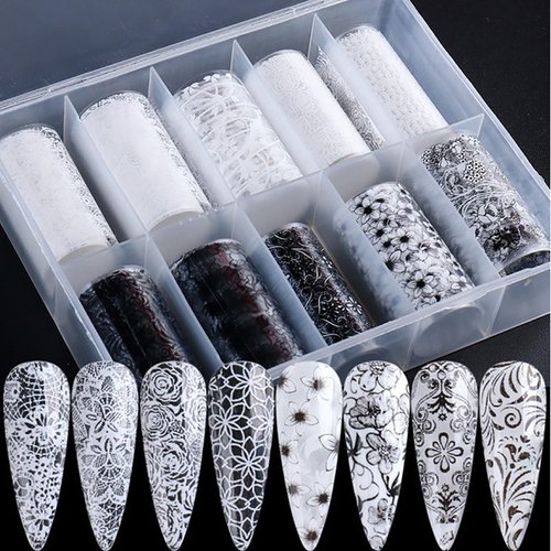 JERCLITY 10 Rolls Lace Flower Nail Foil Transfer Sticker Black White Flower Pattern Nail Foil Sheets Lace Flowers Transfer Stickers