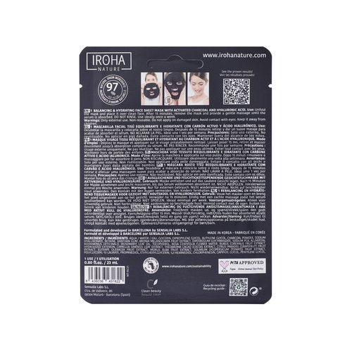 IROHA NATURE Rebalancing & Hydrating Tissue Face Mask | 15 Pieces | With Charcoal & Hyaluronic Acid | Deep Purifying for Clean, Clear Skin | Results in 15 Minutes | 100% Vegan
