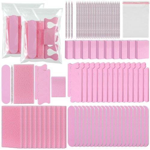 Lanties 50 Sets Disposable Pedicure Kit Individually Package 5 in 1 Pedicure Tools Pumice Stone Nail File 80/100 Grit Mini Buffer Toe Separator Cuticle Pusher Clear Bag for Salon Home(Pink)