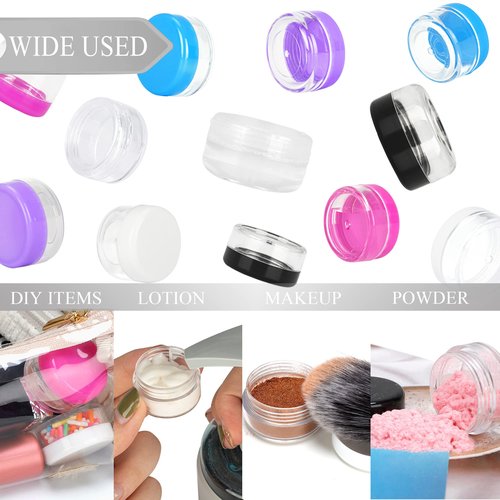 100PCS 5 Gram Sample Containers, 5ml Empty Jars with Lids, Small Cosmetic Containers, Mini Sample Jars with 8PCS Mini Spatulas for Make Up, Oils, Lotion, Powder, Paint, Jewelry, Lip Balms(Purple Lid)