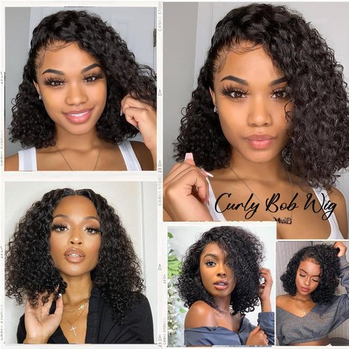 SODLIS Wear and Go Glueless Short Curly Bob Wig Human Hair Pre Cut 13x4 Deep Curly Lace Front Wigs Human Hair Pre Plucked Glueless Bob Wigs For Black Women Natural Hairline 150% Density（8 Inch）