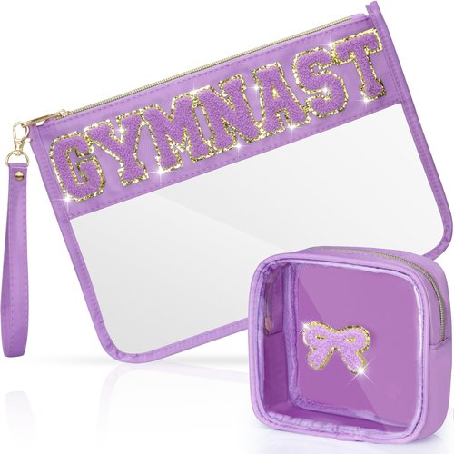 BuyCard 2 Pcs Gymnastics Gifts Cosmetic Makeup Bag with Chenille Letter Patch, Clear Pouch PVC Organizer Purse, Waterproof Travel Bag, Portable Toiletry Storage Bag for Her Girls Friends Women