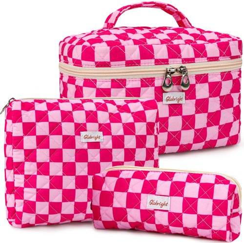 Globright 3 Pieces Makeup Bag Large Quilted Cosmetic Bag, Cotton Make Up Bag Travel Toiletry Bag for Mom Girlfriend Wife Women (Red)