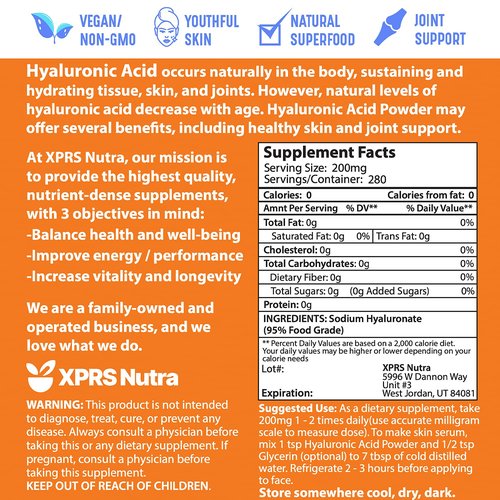 XPRS Nutra Hyaluronic Acid Powder - 14 Grams of Pure Hyaluronic Acid Serum Powder - DIY Serum for Face and Skin - Food and Cosmetic Grade Hyaluronic Acid Pure Powder (2 oz)