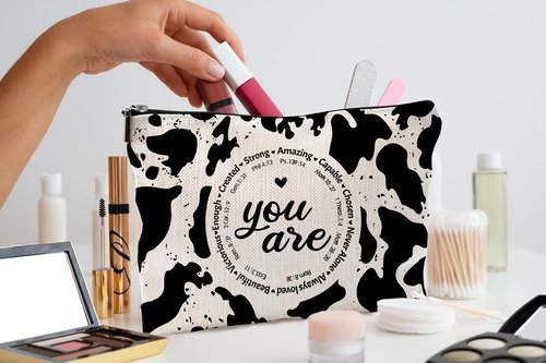 QGFM Western Cow Print Makeup Bag - Christian Inspirational Gifts Cosmetic Bags With Zipper