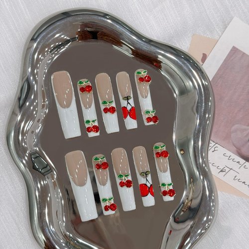 MNAFAYY 100% Handmade Nails Cherry Extra Long 3D Gems French Press On Nails White Full Cover Luxury Gorgeous Reusable UV Finished Fake False Nails Acrylic Nail Kit With Box Gifts Women Mother's Day M