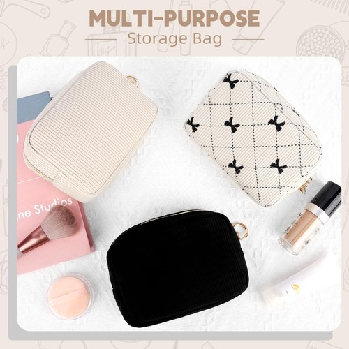 Playexen Small Makeup Bag for Purse, Corduroy Small Cosmetic Bag with Ring Buckle & Inner Pockets, Portable Bow Toiletry Makeup Pouch Purse for Travel Daily Use (Beige)