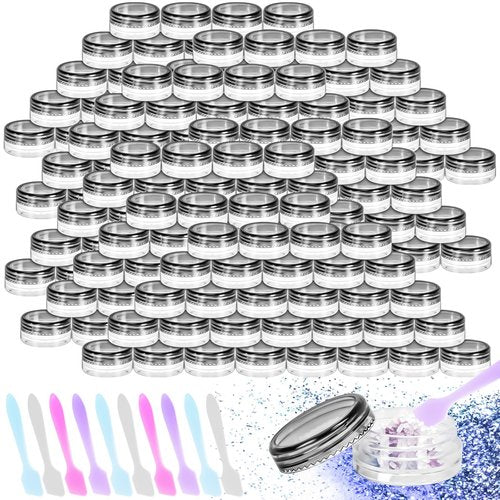 MotBach 200 Pack 3g Plastic Jars with Lids, 3ml Round Clear Cosmetic Containers Makeup Jars, 3gram Travel Size Container Jar with Spatulas for Makeup Sample Lotion Cream Ointment Salve Balm Powder