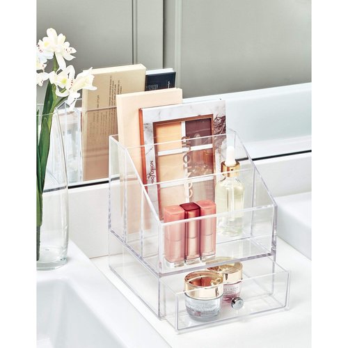 iDesign Clarity Cosmetic Palette Organizer with Drawer for Vanity or Cabinet to Hold Makeup, Beauty Products, Hair Accessories - 3 Compartments - Clear