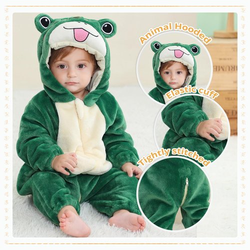 MICHLEY Unisex Baby Boy Girl Hooded Romper Winter Animal Cosplay Jumpsuit Outfits, Green, 6-12months, Size 80