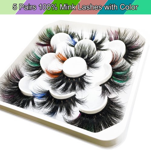 YASNAI Colored Mink Lashes 25mm, 5 Pairs Mix, Long, Dramatic, Full & Fluffy, Vegan & Cruelty Free, Handmade Soft Band, Long Lasting
