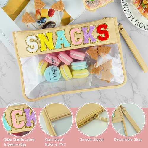 Morcheiong Chenille Letter Bag Cute Clear Zipper Stuff Pouch Portable Multi-purpose PVC and Nylon Makeup Bag with Handle for Travel School Gym Beach（Beige Snacks）