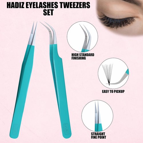 HADIZ Fiber Tip Eyelash Extension Tweezers Volume Lash Tweezer Staright & Curved Pack of Two (turquise)