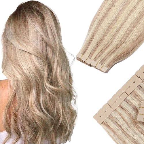 Benehair Tape in Hair Extensions Human Hair Balayage Ash Blonde Highlighted Bleach Blonde 20pcs 40g/pack Straight Hair Extensions Seamless Skin Weft Tape in Natural Hair (14", 18P613)
