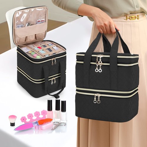 Yarwo Nail Polish Organizer Case Holds 72 Bottles (15ml/0.5 fl.oz), Detachable 3 Layers Nail Polish Storage Bag with Removable dividers for Nail Lamp and Nail Art Manicure Tools, Black (Bag Only)
