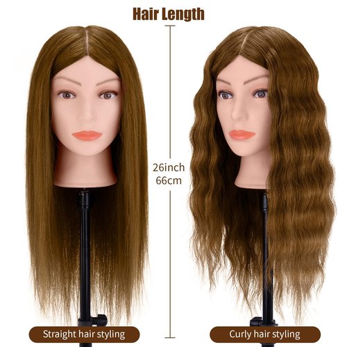 Mannequin Head 26" 100% Real Hair, Doll Head for Hair Styling & braiding with Table Clamp Holder + DIY Hair Styling Set, Mannequin Head for Cosmetology Training Head and Stylist Supplies（Light brown）