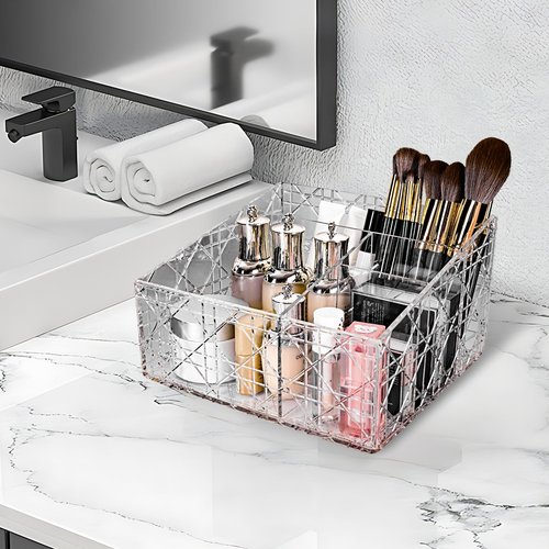 HuixinAcrli Acrylic Makeup Organizer, Clear Cosmetic Brush Storage Box With 4 Brush Holders,Large-capacity Split Design Can Quickly Organize the Desktop Skincare, Hair Tools, Brushes,Perfume