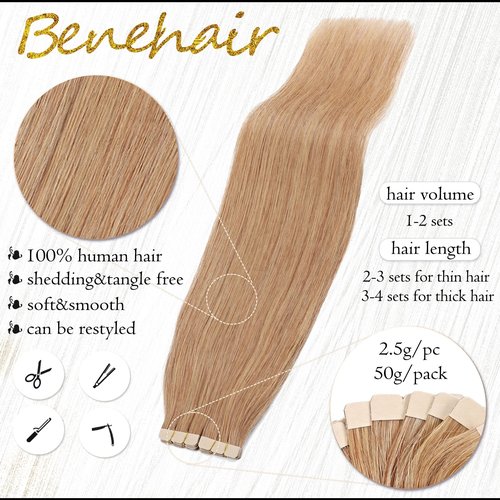 Benehair Tape in Hair Extensions Human Hair Blonde 20pcs 50g/pack Straight Hair Extensions Seamless Skin Weft Tape in Natural Hair for Women (#27 Dark Blonde, 16")