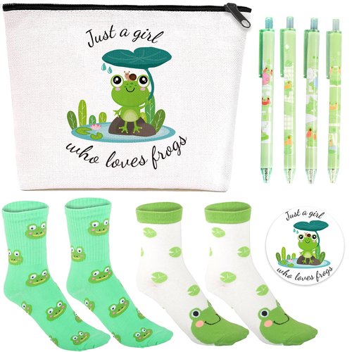 CIXICM Frog Gifts for Frog Lovers, Includes Makeup Bag, Cute Socks, Frogs Writing Gel Ink Pen & Mini Round Mirror, Just Who Loves Frogs, Birthday Gift for Women