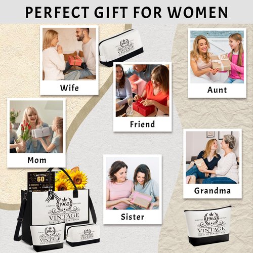 60th Birthday Gifts for Women, Cool Turning Happy 60 Year Old Gifts Ideas for Her Sister Best Friend Wife Daughter, Vintage 1965 Handbag & Cosmetic Bag & Back in 1965 Poster