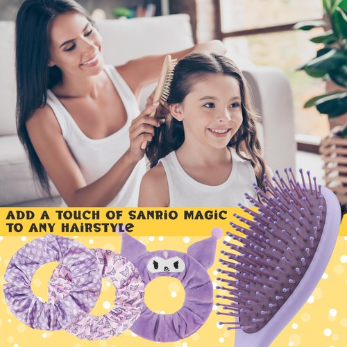 Hello Kitty Sanrio Hair Brush & Scrunchies Set for Girls, Teens, Women, Kuromi, Cinnamoroll Cute Stuff, Detangler Brush, Kawaii Gifts for Her (Kuromi Brush & Scrunchies)