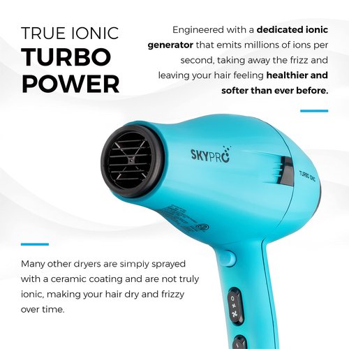 Turbo Ionic Blow Dryer with Attachments | Quiet & Powerful Professional Blow Dryer with Anti Frizz Technology | Tourmaline Hair Dryer with Infrared Heat |Short Barrel Travel Hair Dryer with Diffuser