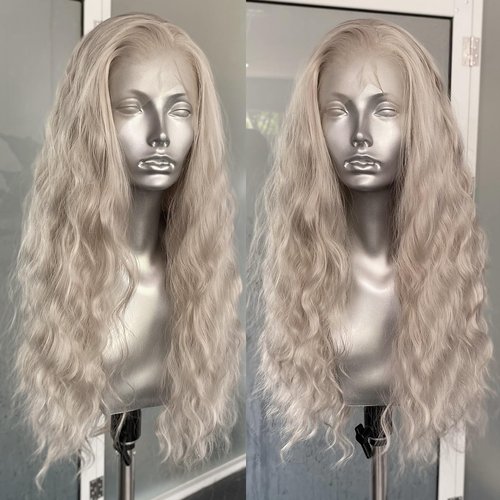 RONGDUOYI Ash Blonde Synthetic Lace Front Wigs for Women Grayish Blonde Long Loose Curly Wig Heat Resistant Fiber Hair 13x4 Frontal Lace Natural Hairline Daily Use Cosplay Wig