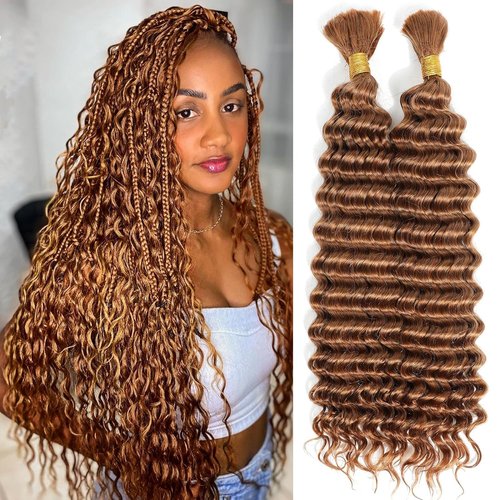 Labamiya Curly Braiding Human Hair 100g 22 Inch Color 30 Auburn Brown Deep Water Wave Bulk for Braiding No Weft Brazilian Virgin Deep Curly Human Hair Extensions for Boho Braids