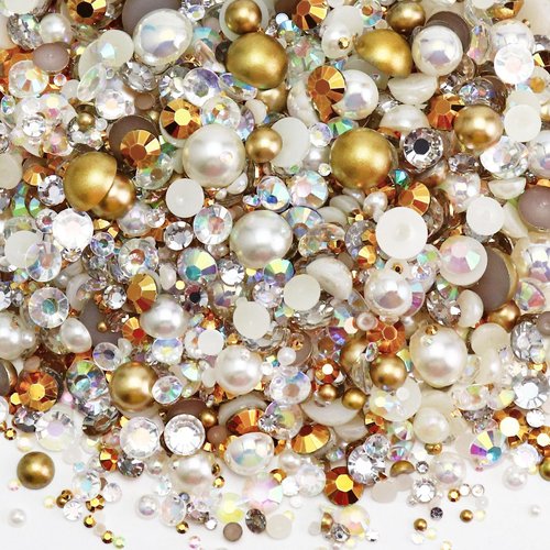 Briskbloom 60g Mix Flatback Pearls and Rhinestones for Crafts, 2-10mm Pearl Rhinestones for Nails Face Art Tumblers, Champagne Gold Blend with Tweezers Wax Pen