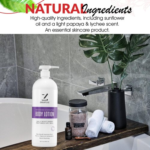 Zealios Advanced Hydration Body Lotion for Dry Skin 32oz - Deep Hydration Formula, Skincare Moisturizer with Vitamins & Antioxidants, Non-Greasy Lotion, Light Papaya & Lychee Scent
