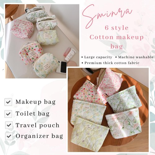 Sminra Floral Makeup Bag Large Travel Cotton Quilted Cosmetic Makeup Bag Organizer, Cute Coquette Aesthetic Zipper Portable Pouch Purse Toiletry Bag accessories
