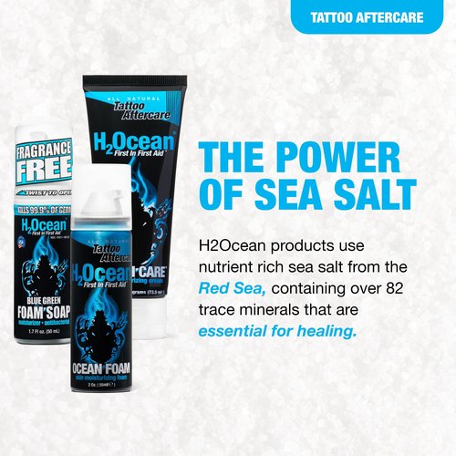 H2Ocean Ultimate Tattoo Aftercare Kit – Complete 3 Step Water-Based Skincare Regimen for Faster Tattoo Healing – Blue Green Foam Soap (1.7 oz), Ocean Care Cream (2.5 oz) & Ocean Foam Moisturizer(2 oz)
