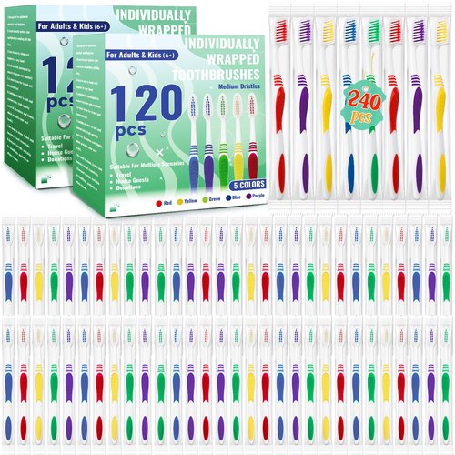 Comdian 240 Pcs Toothbrush Bulk Disposable, Travel Toothbrushes Pack, Soft Bristle Individually Wrapped and Good Cleaning for Kids, Adult and The Elderly. Suitable for Hotel, Travel, Home, Donated