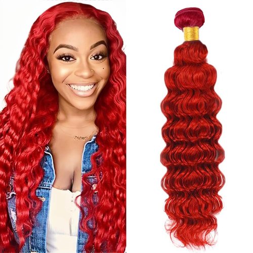Red Deep Wave Human Hair Bundles 32 Inch Deep Single Bundle Light Red Color Human Hair Unprocessed Native Virgin Hair 100g Total Double Weft Crochet Human Hair Extensions for Women