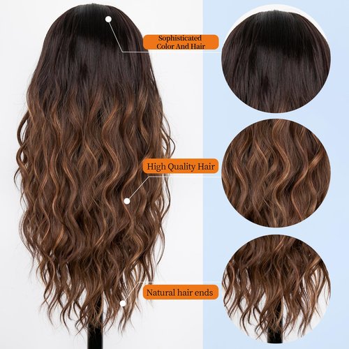 Nnzes Long Brown Highlight Wavy Wig 4x1 Lace Natural Hairline Middle Part Curly Heat-Resistant Synthetic Fiber for Women & Beginners Daily Party Use 26In