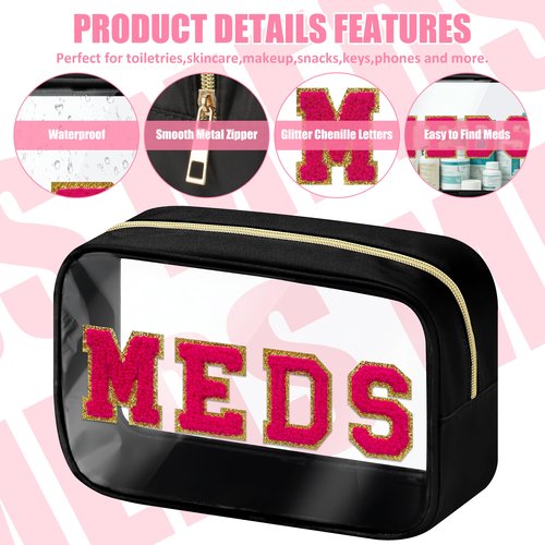 BuyCard Clear Meds Chenille Letter Nylon Makeup Bag - Portable Preppy Patch Cosmetic Toiletry Travel Storage Medicine Bag With Zipper for Women Girls Black