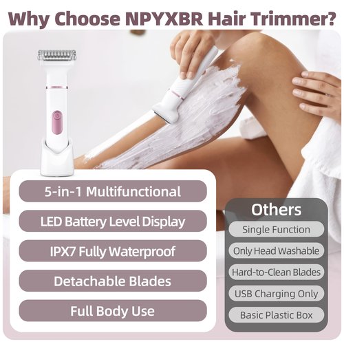 NPYXBR 5-in-1 Bikini Trimmer for Women: IPX7 Waterproof Electric Razor Shaver for Face, Pubic Area, Leg, Arm, Underarm, Nose, Cordless Rechargeable Body Hair Removal, Battery Display, Ceramic Blade