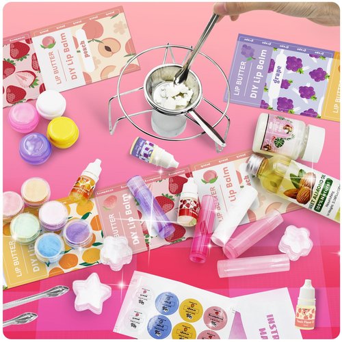 WhizToys DIY Lip Balm Making Kit Teen Girl Gifts Trendy Stuff Make Your Own Lip Gloss Set with Natural Beeswax, Shea Butter,Sweet Almond Oil,24 PCS Lip Blam Containers